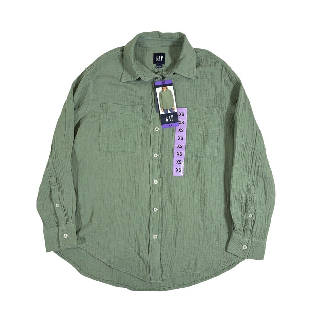 Gap Womens Sage Green Crinkle Gauze Shirt XS 100% Cotton Button Up
